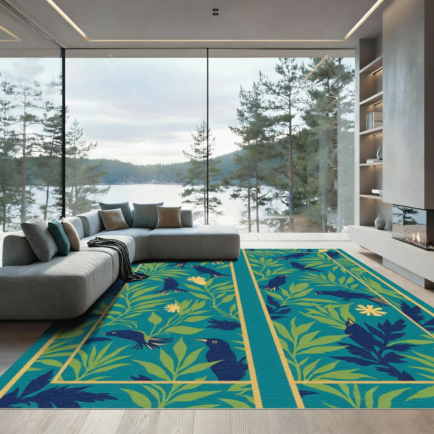Teal Blue Black Bird Green Foliage Rug