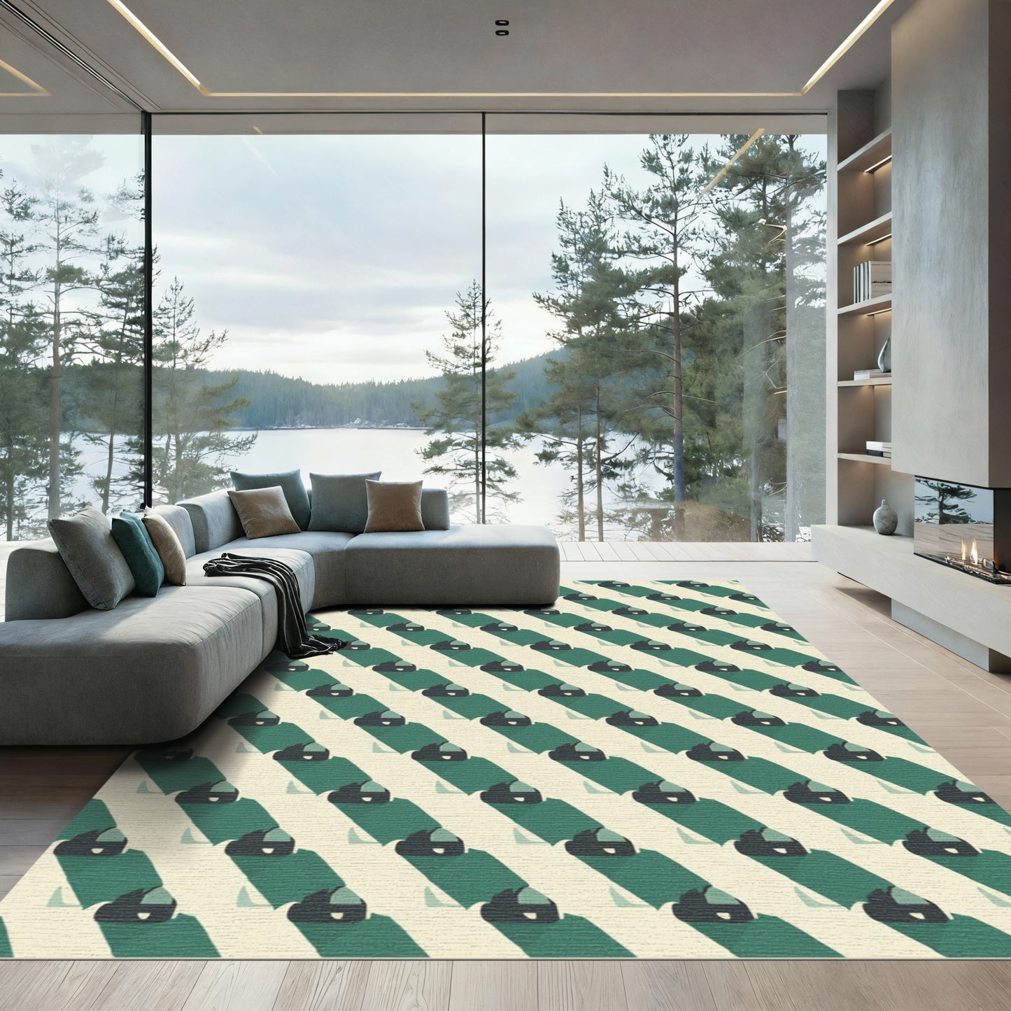 Abstract Emerald And Cream Diagonal Stripe Rug