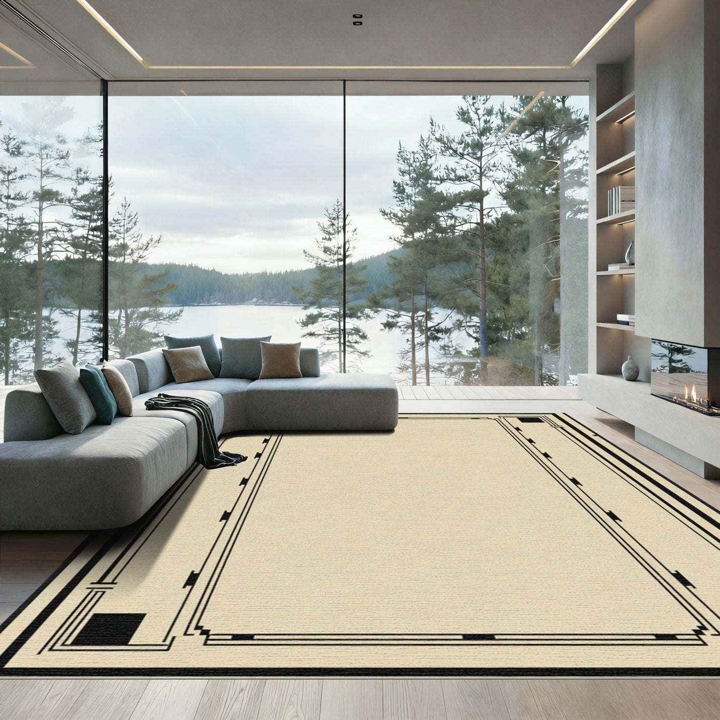 Geometric Black and Beige Border Rug