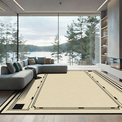 Geometric Black and Beige Border Rug