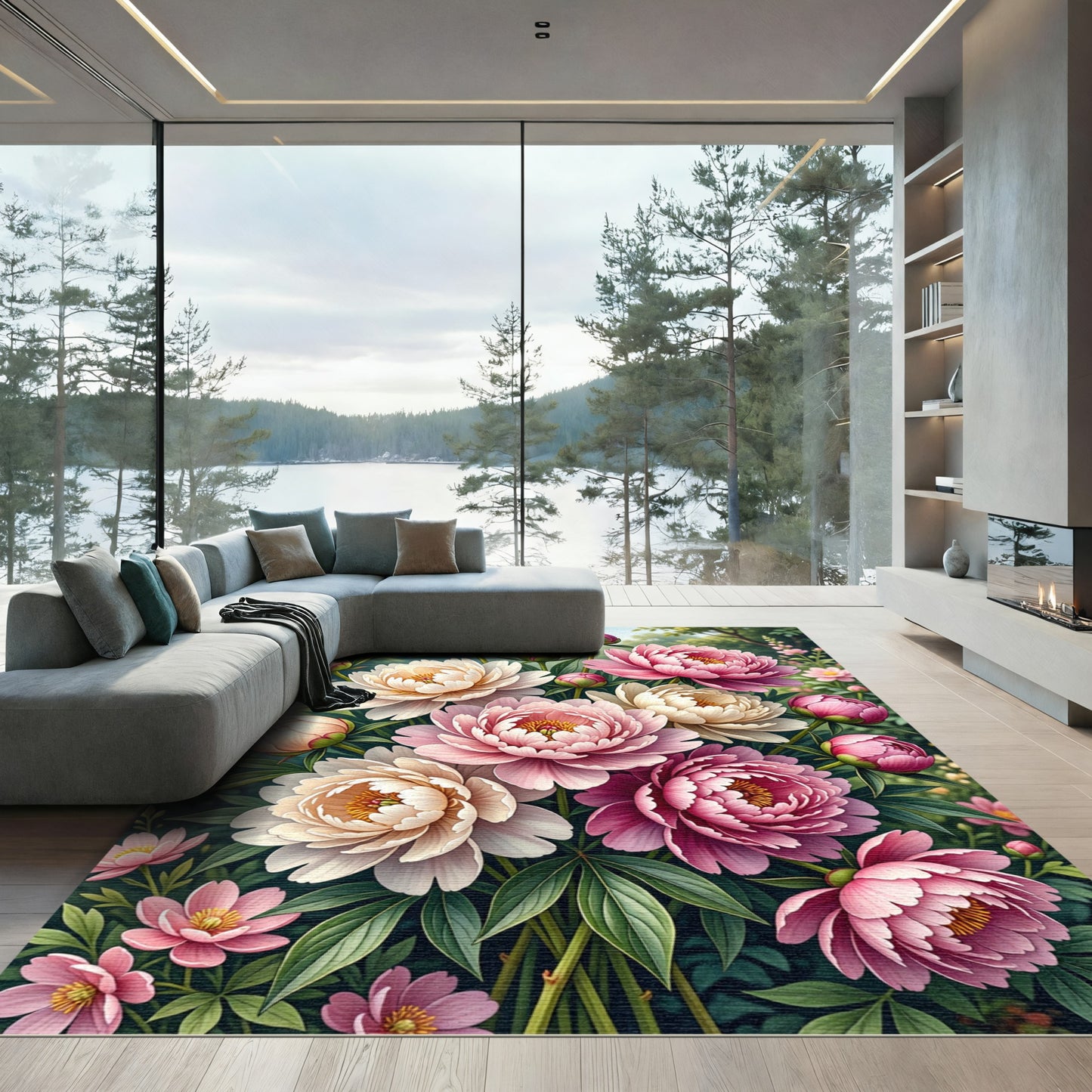 Blushing Peony Garden Floral Bouquet Rug