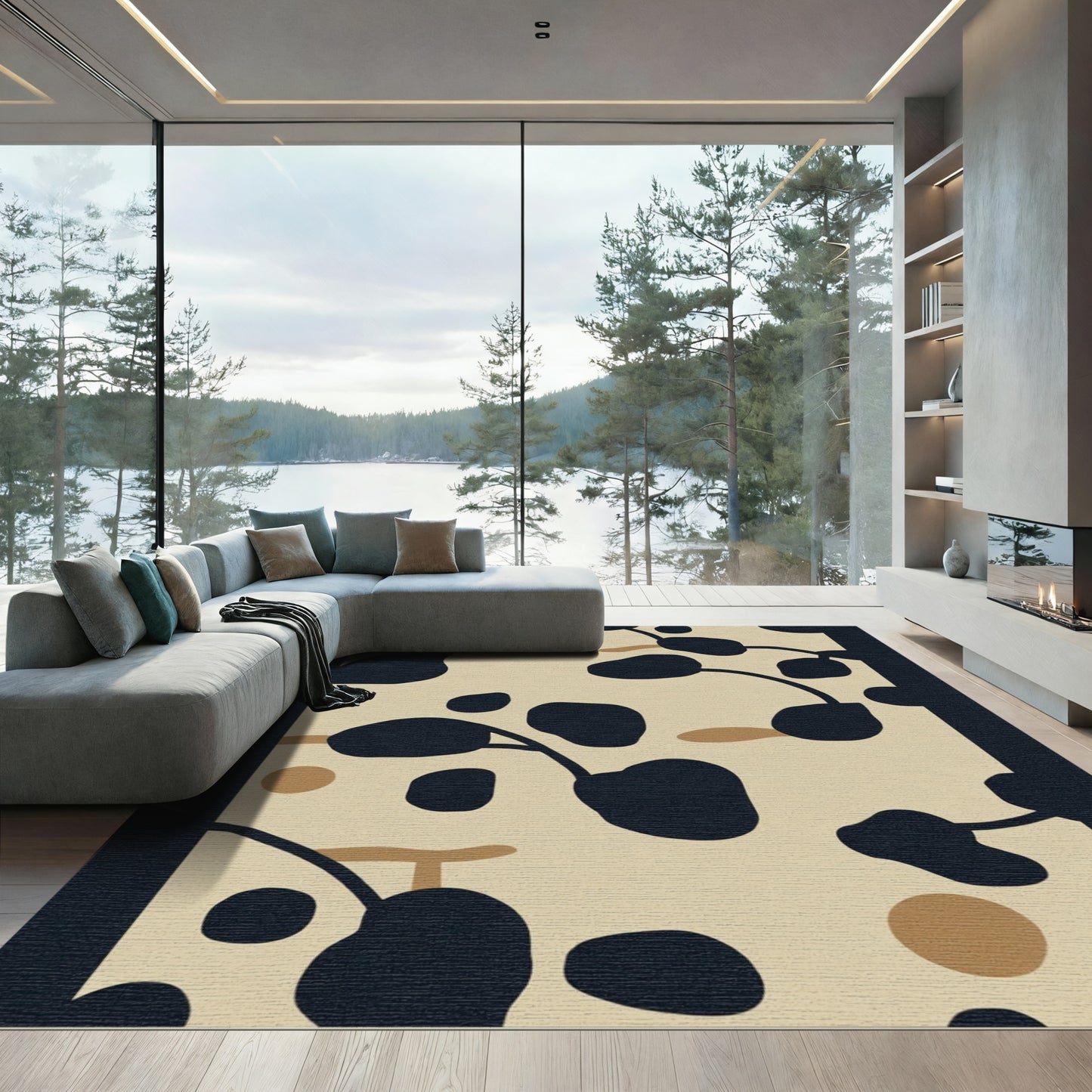Abstract Black Tan Organic Shapes Rug