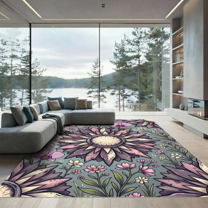 Muted Mauve Orchid and Sunflower Floral Rug