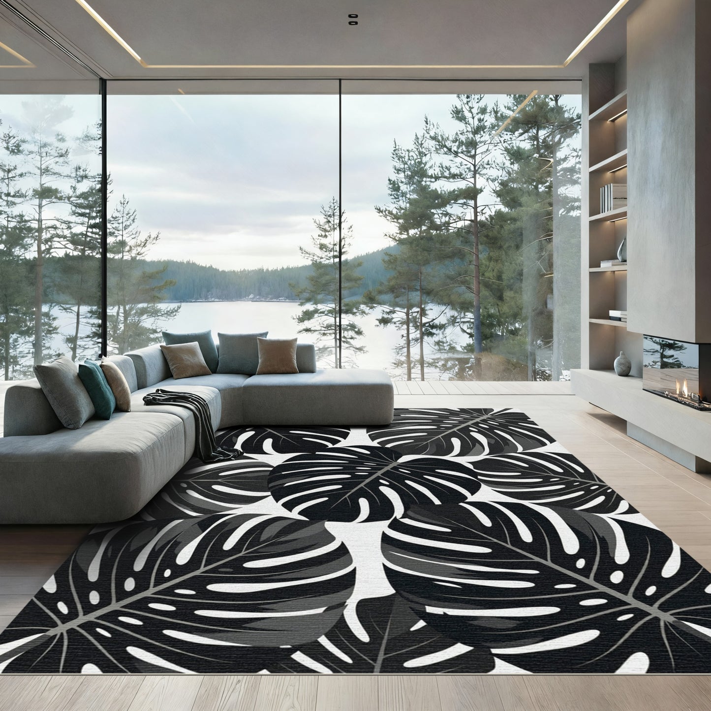 Monstera Leaves Black White Tropical Rug