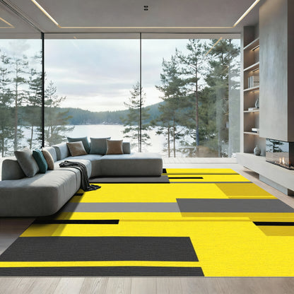 Bold Yellow Gray Black Geometric Blocks Rug