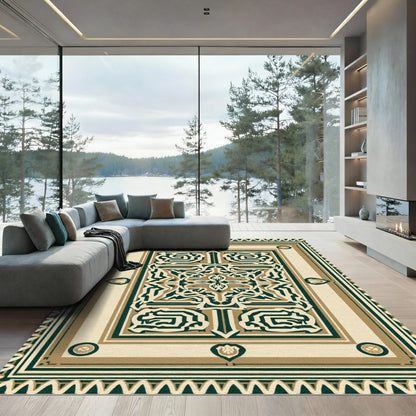 Elegant Taupe Black Geometric Medallion Rug