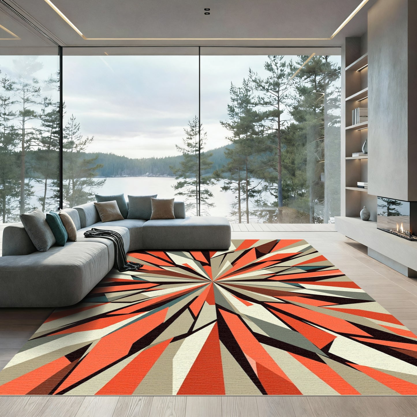 Explosive Coral Geometric Radiating Rug