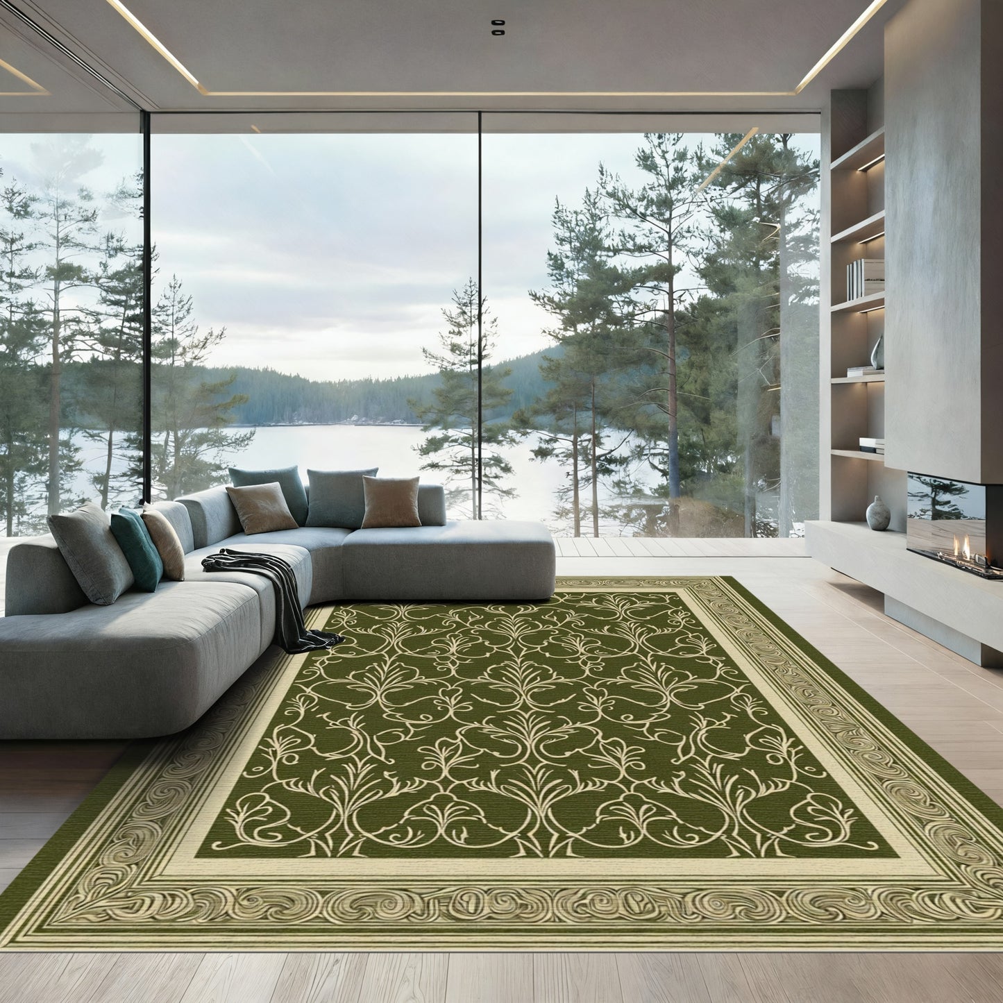 Deep Green Swirling Vine Border Rug