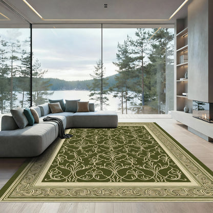 Deep Green Swirling Vine Border Rug