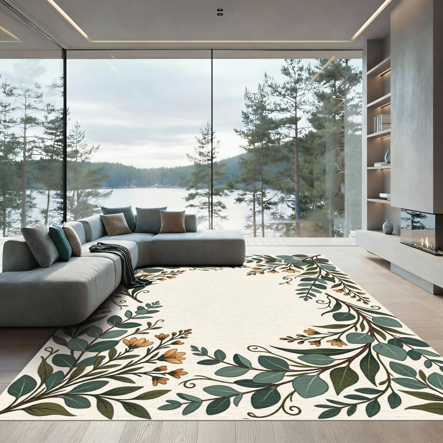Earthy Green Floral Leaf Arrangement Rug