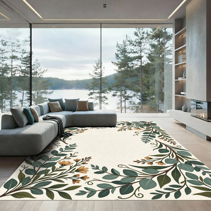 Earthy Green Floral Leaf Arrangement Rug