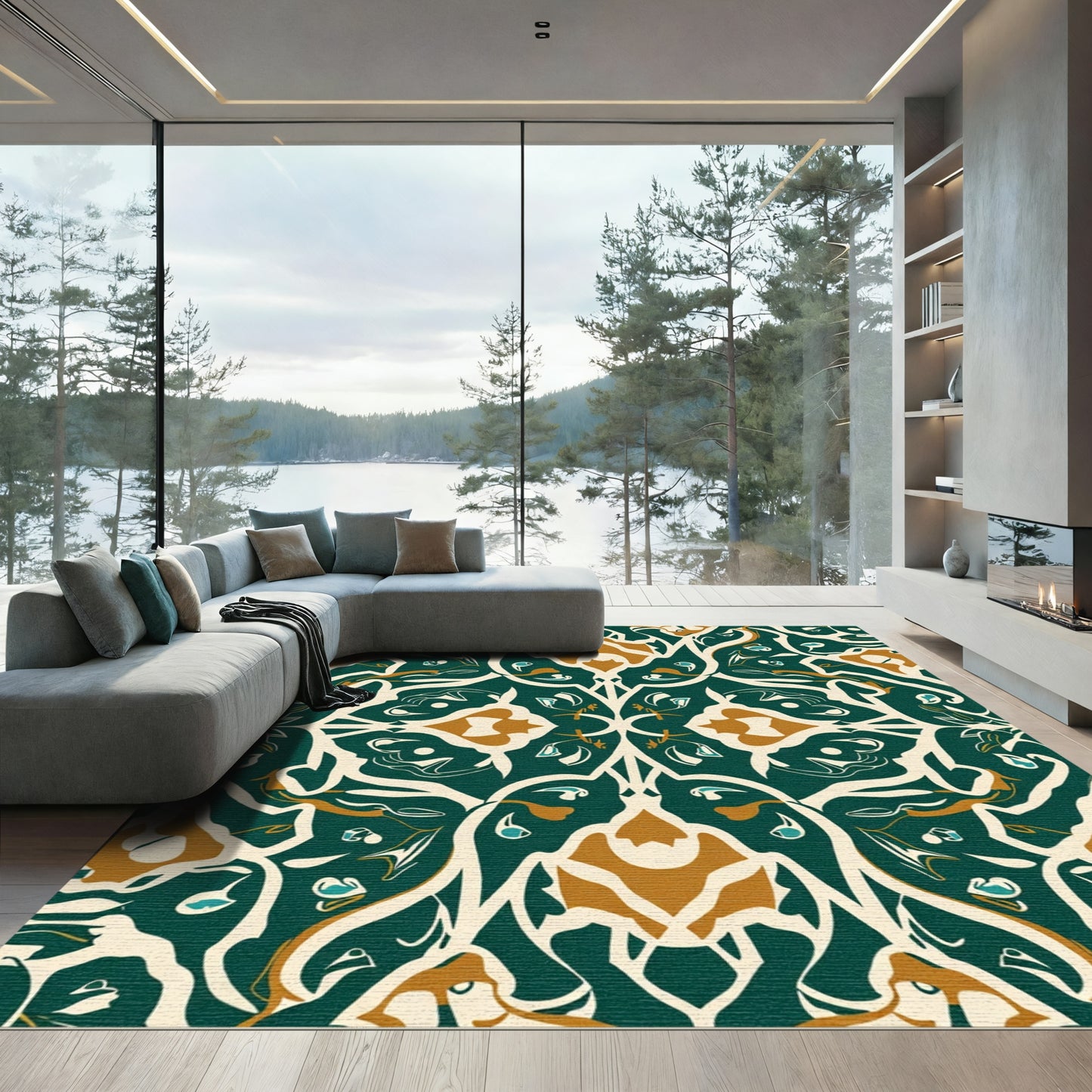 Forest Green Amber Floral Arabesque Rug