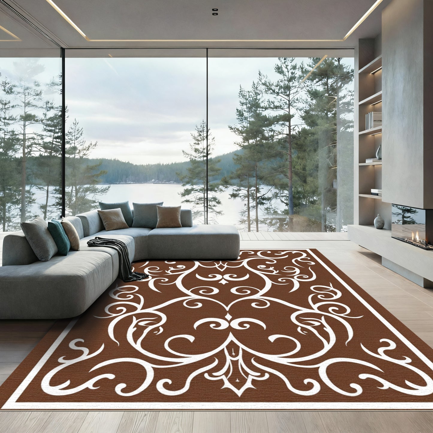 Brown White Ornate Scroll Centerpiece Rug