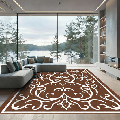 Brown White Ornate Scroll Centerpiece Rug