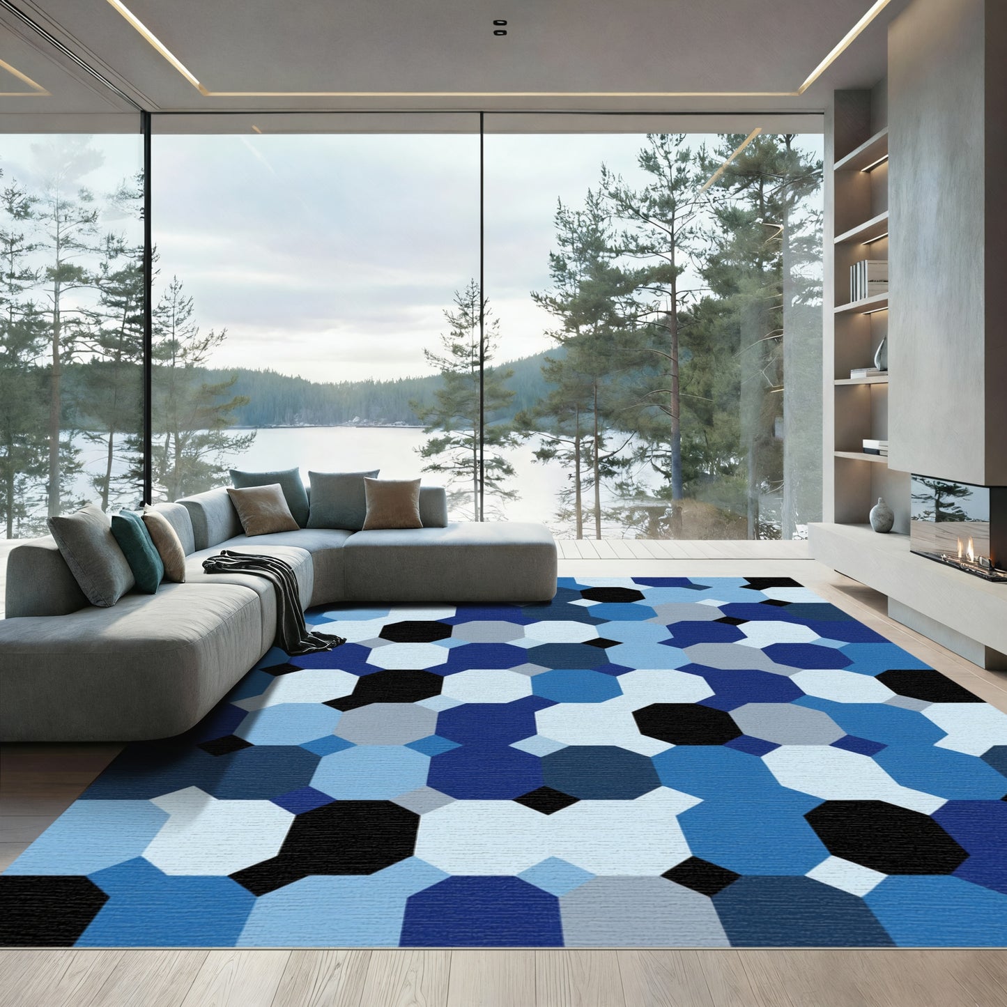 Abstract Blue Octagon Arrangement Rug