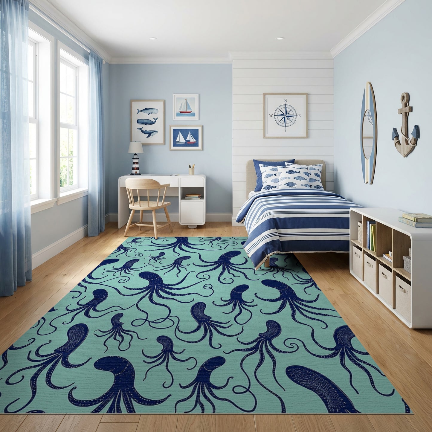 Teal Navy Octopus Tentacles Whimsical Rug