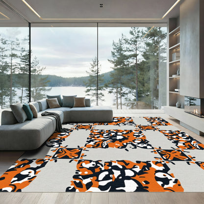 Orange Black White Abstract Grid Rug