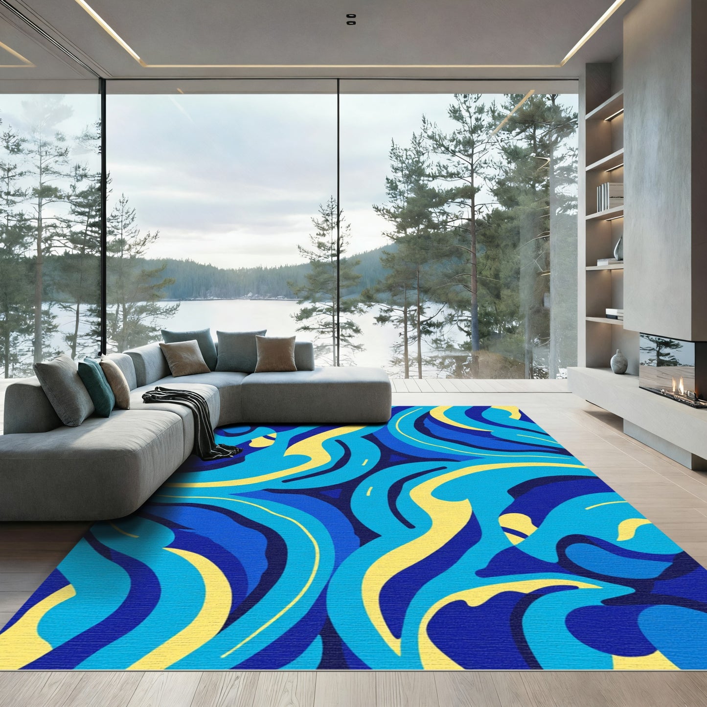 Abstract Blue Yellow Swirl Flow Rug