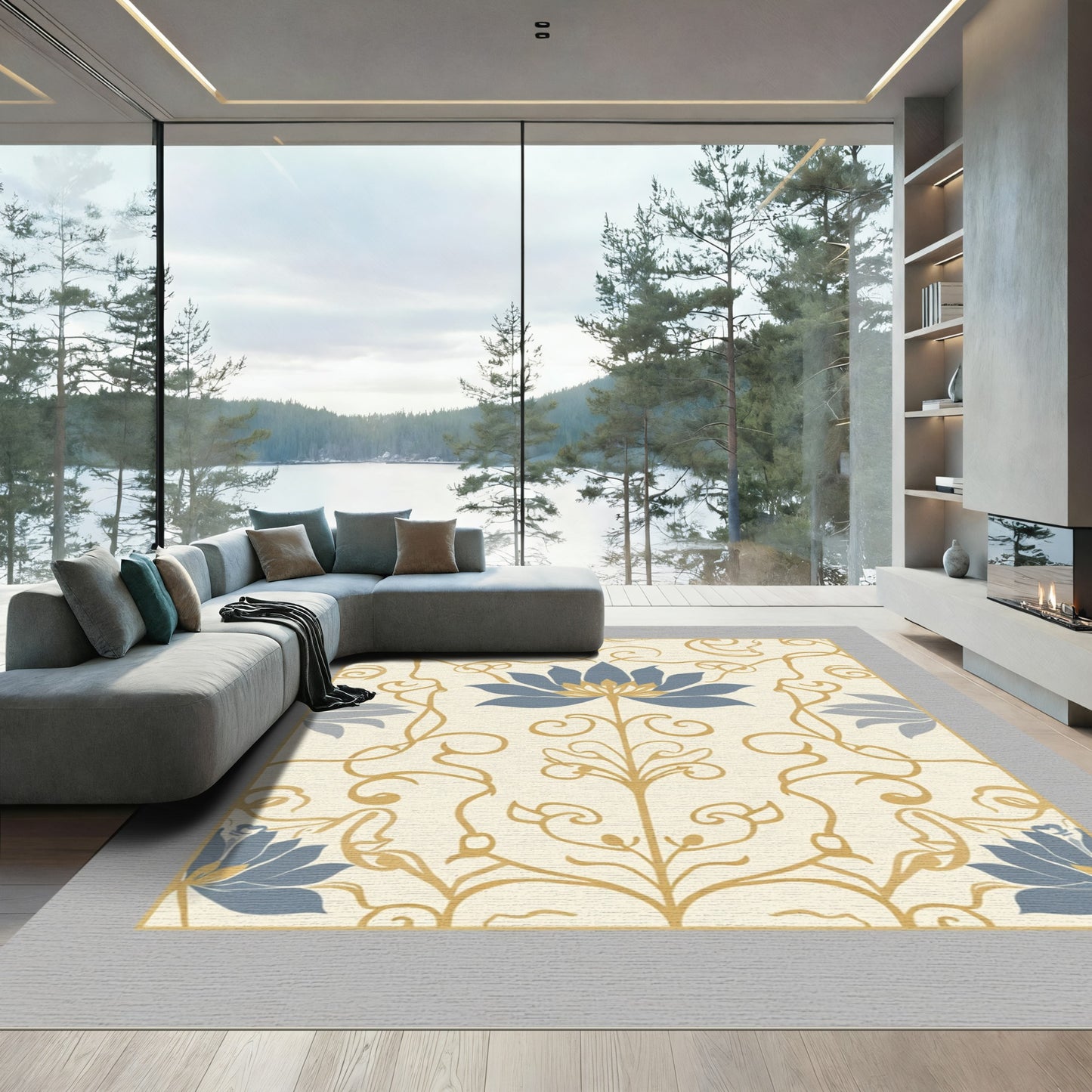 Art Nouveau Blue Floral Swirls Rug