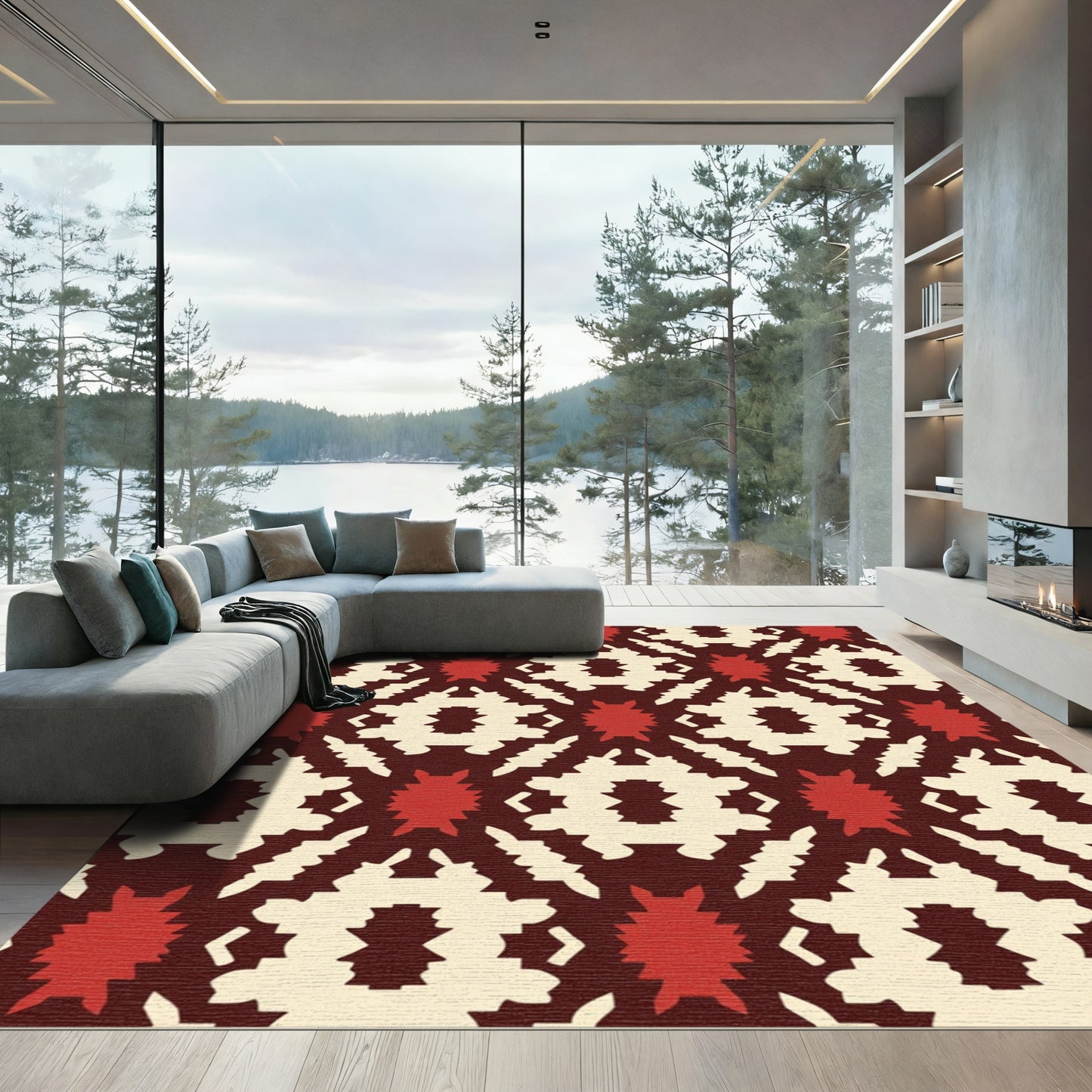 Burgundy Cream Red Geometric Medallion Rug