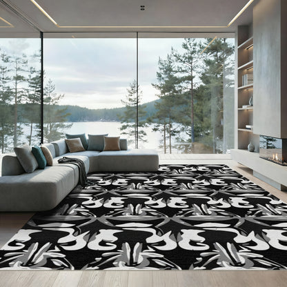 Abstract Black White Organic Swirls Rug