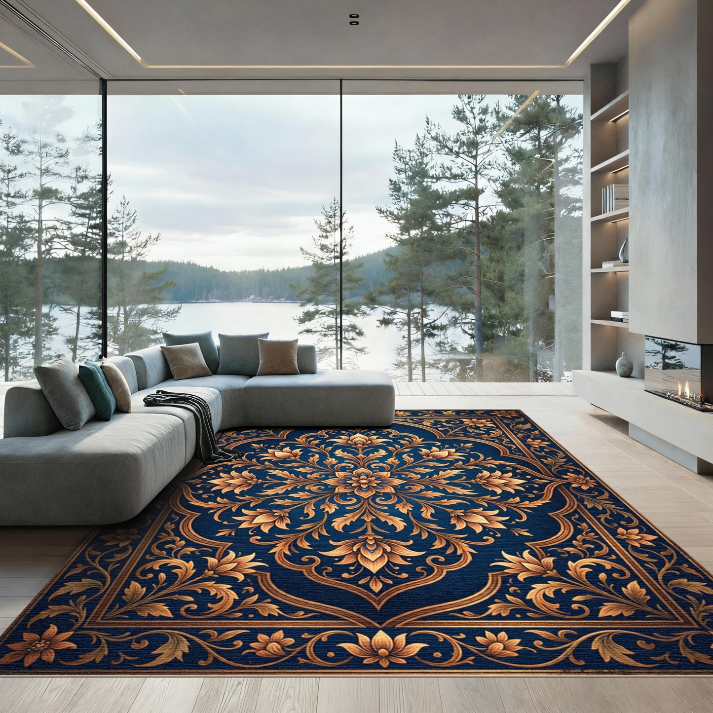 Ornate Blue Golden Floral Medallion Rug