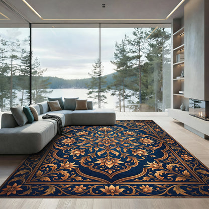 Ornate Blue Golden Floral Medallion Rug