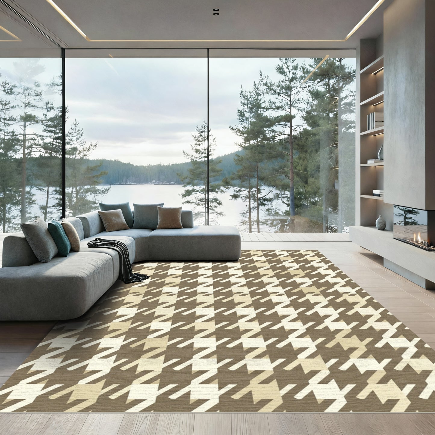 Neutral Houndstooth Geometric Earthy Tone Rug