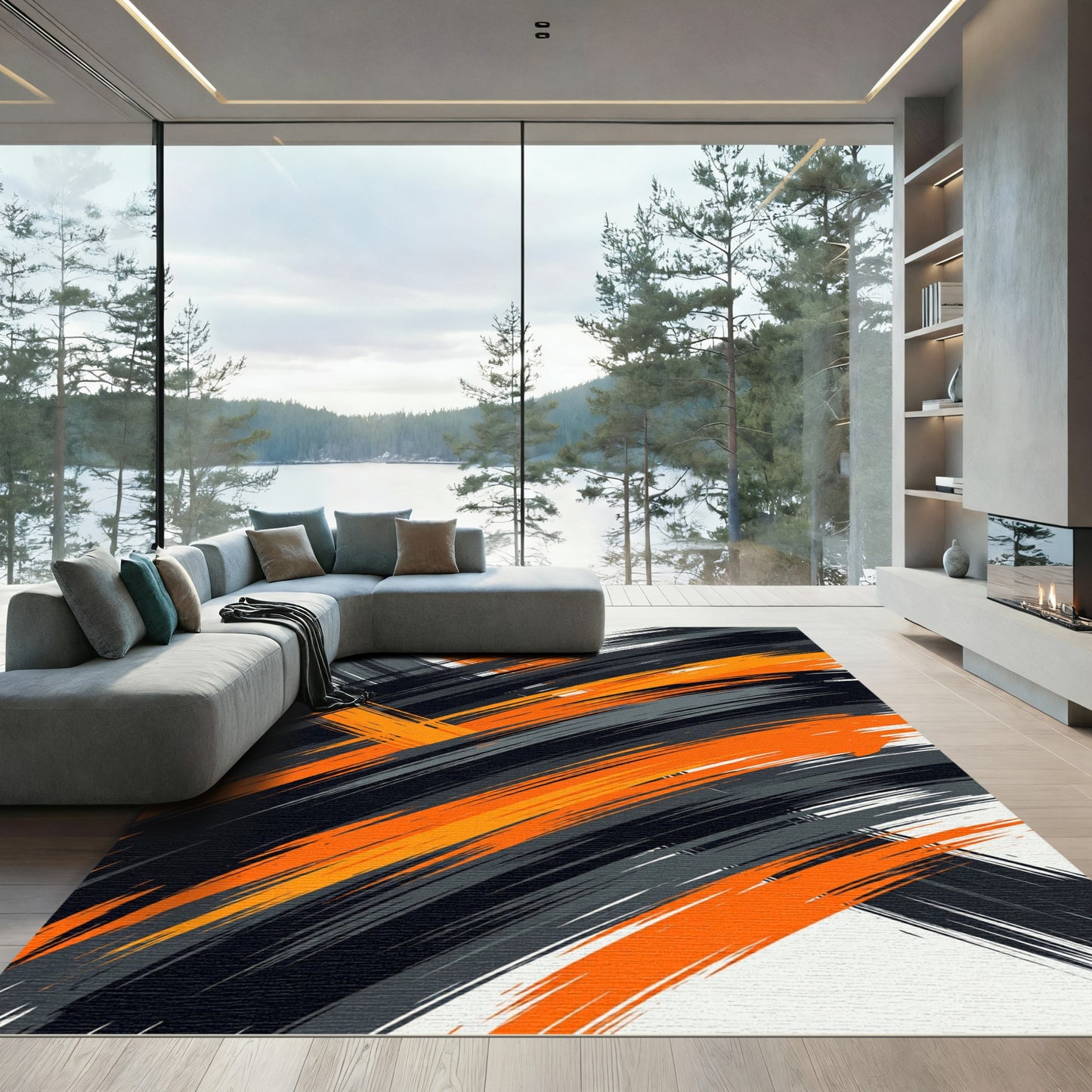 Modern Bold Orange Black Swirl Rug