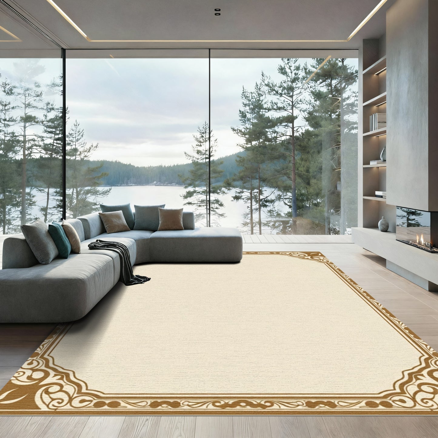 Ornate Gold Scrollwork Border Rug
