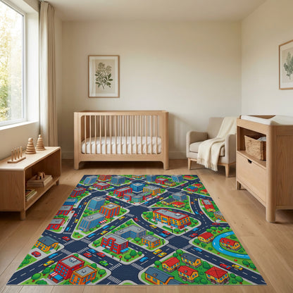 Vibrant Isometric Cityscape Pattern Rug