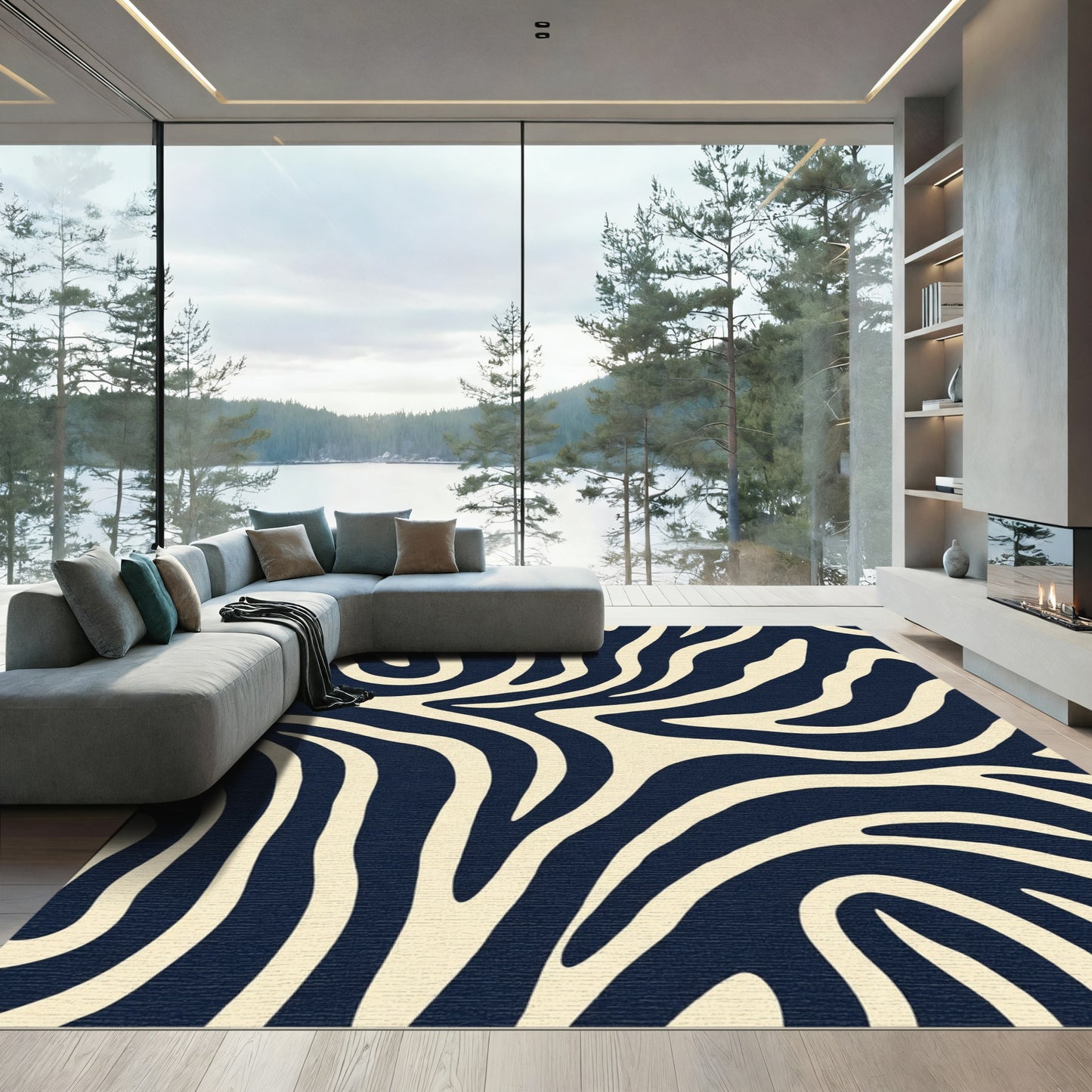 Navy Cream Zebra Stripes Rug