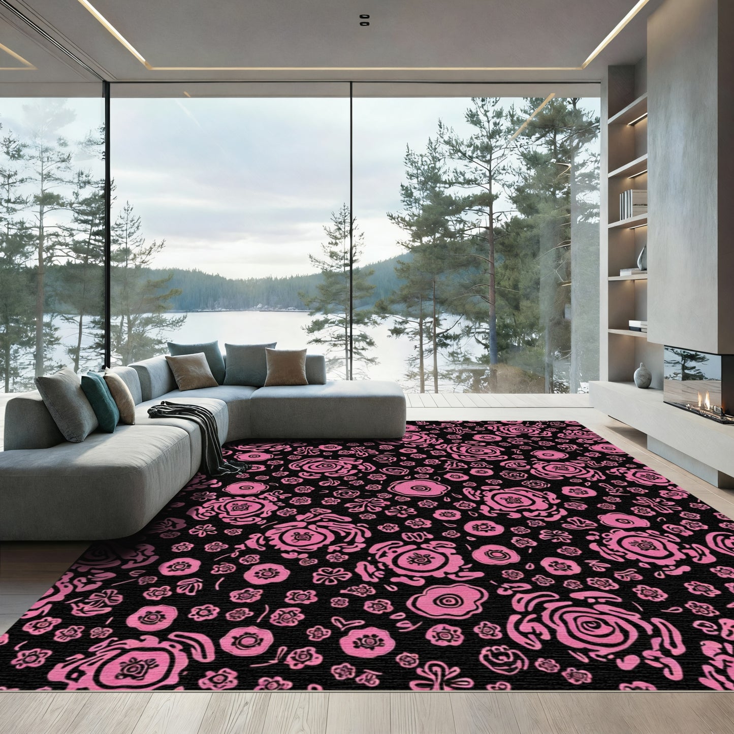 Whimsical Pink Floral Black Rug