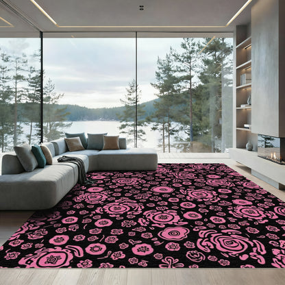 Whimsical Pink Floral Black Rug