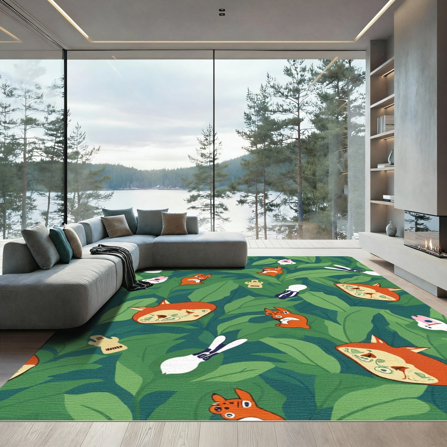 Whimsical Orange Critters Green Garden Rug