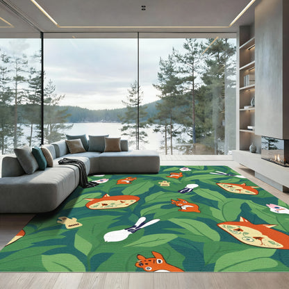 Whimsical Orange Critters Green Garden Rug