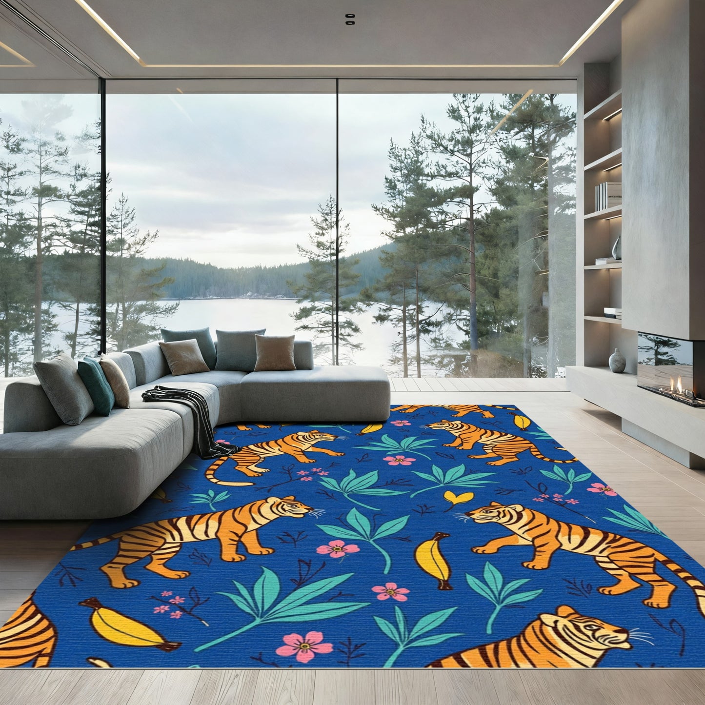 Jungle Tigers Pink Flowers Blue Background Rug