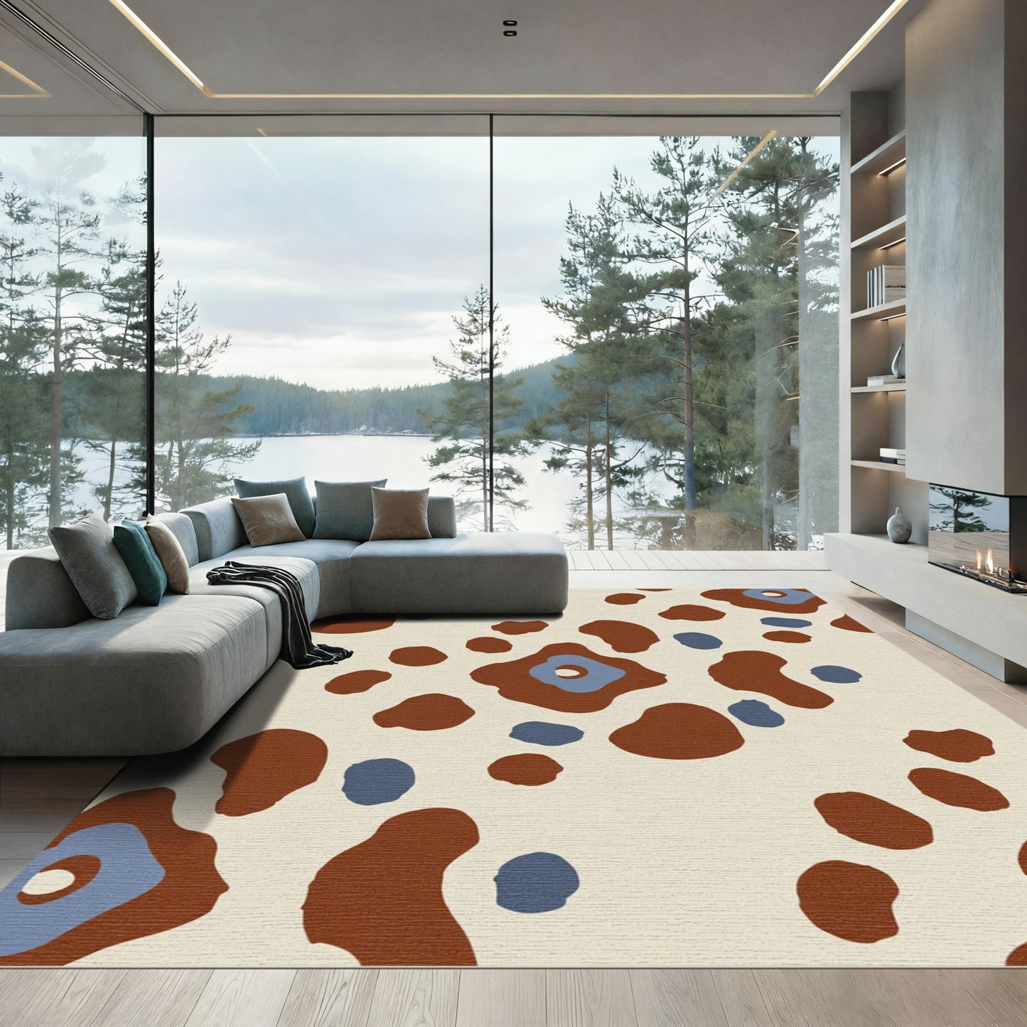 Abstract Tan Brown Blue Bloom Rug