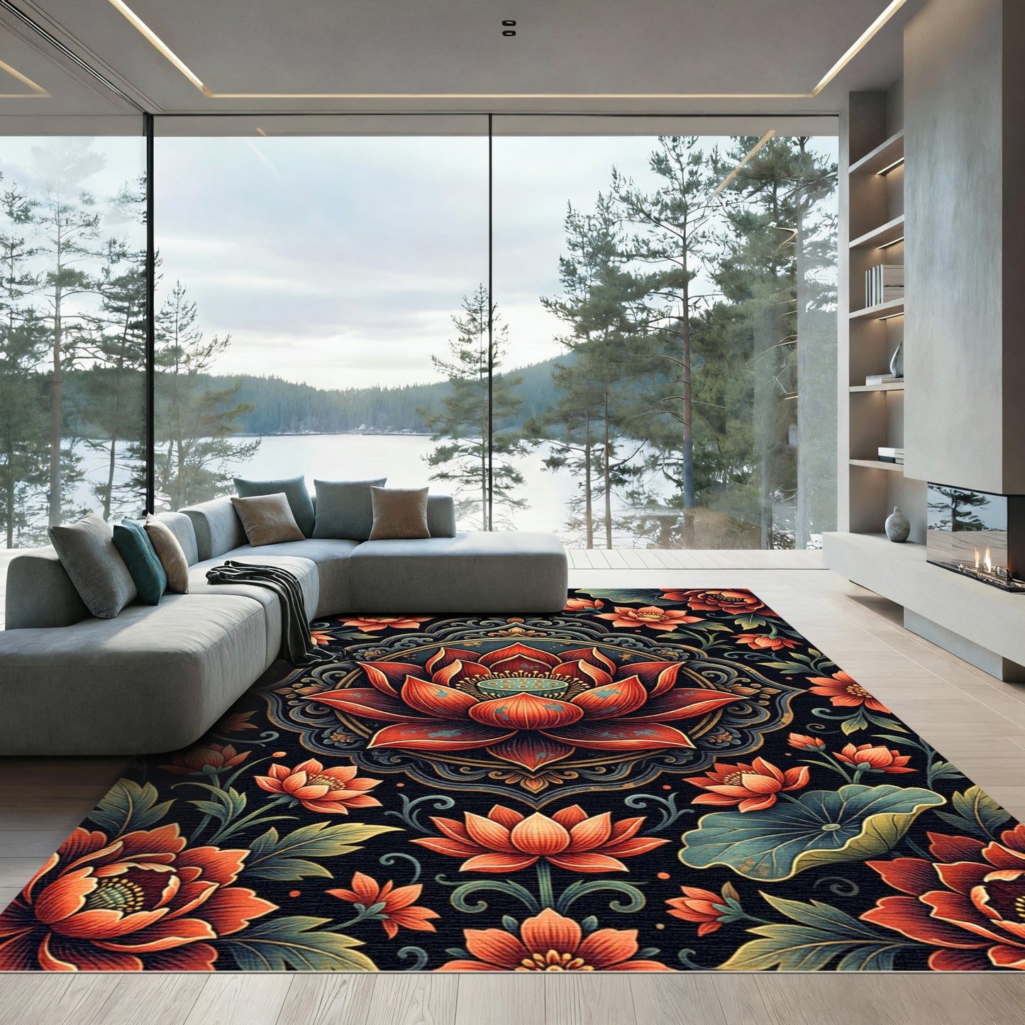 Ornate Crimson Lotus Mandala Floral Rug