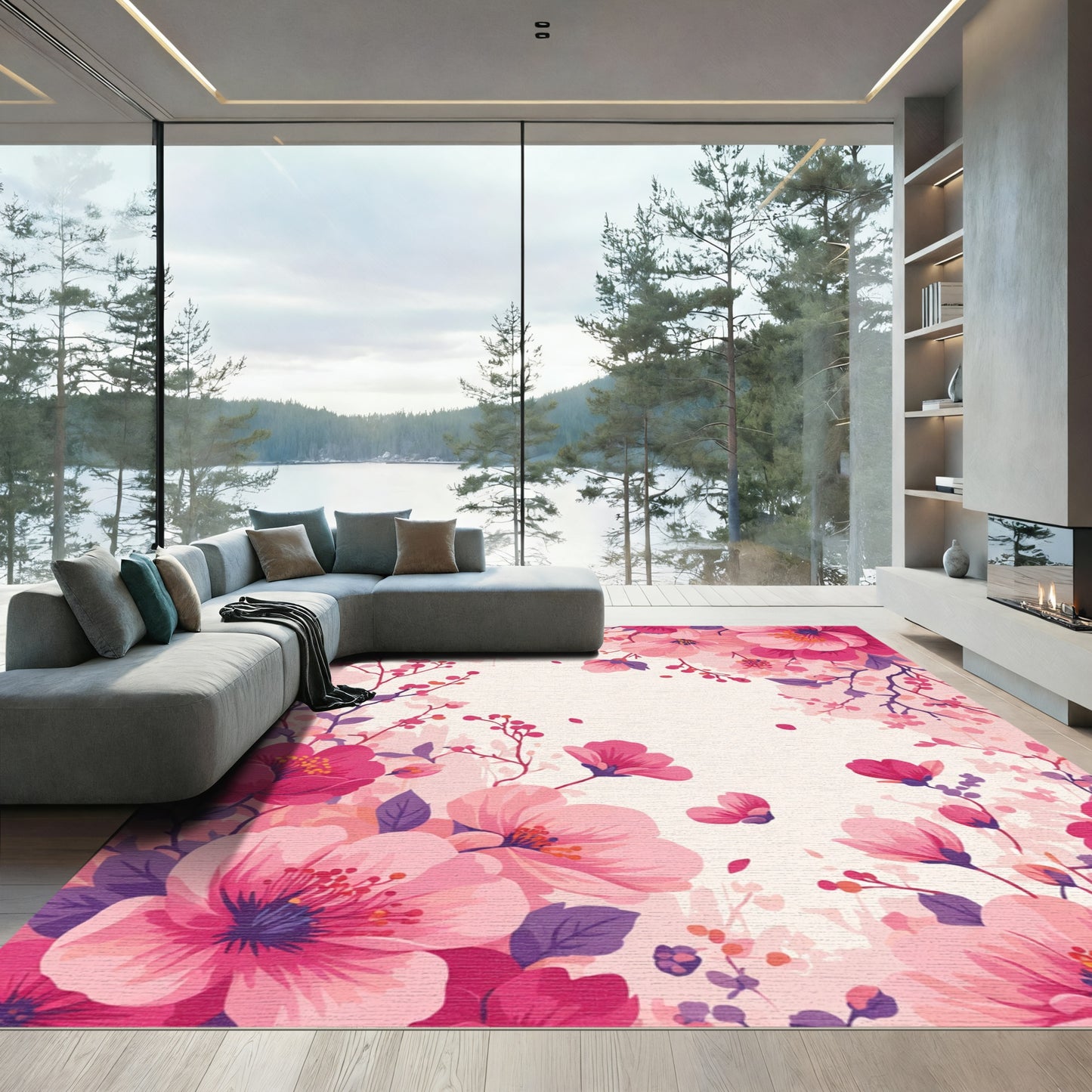 Whimsical Pink Sakura Blossom Garland Rug