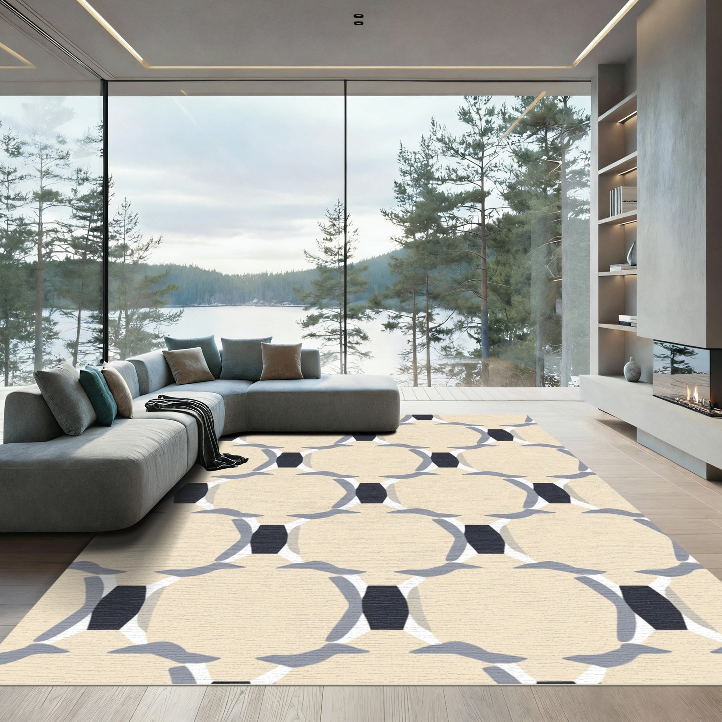 Ivory Blue Gray Linked Ovals Rug