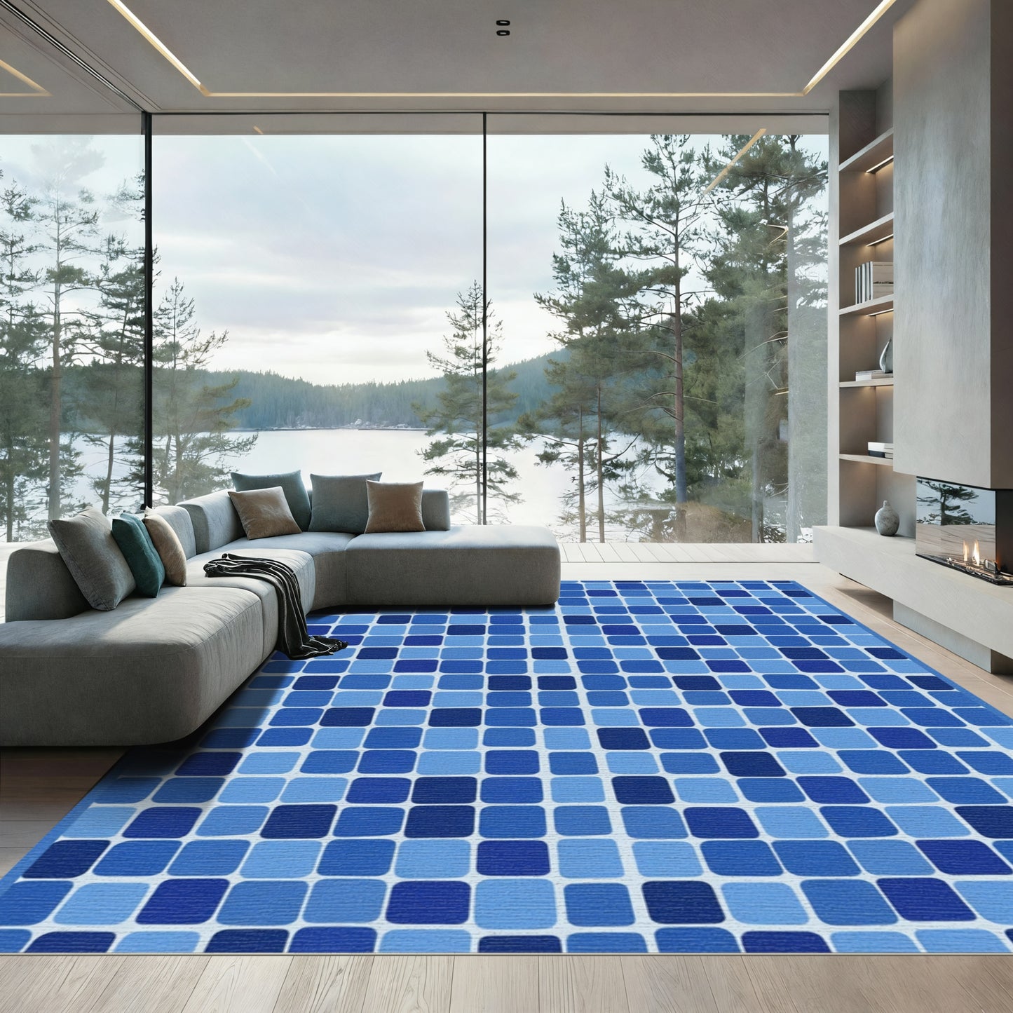Ocean Blue Mosaic Squares Rug