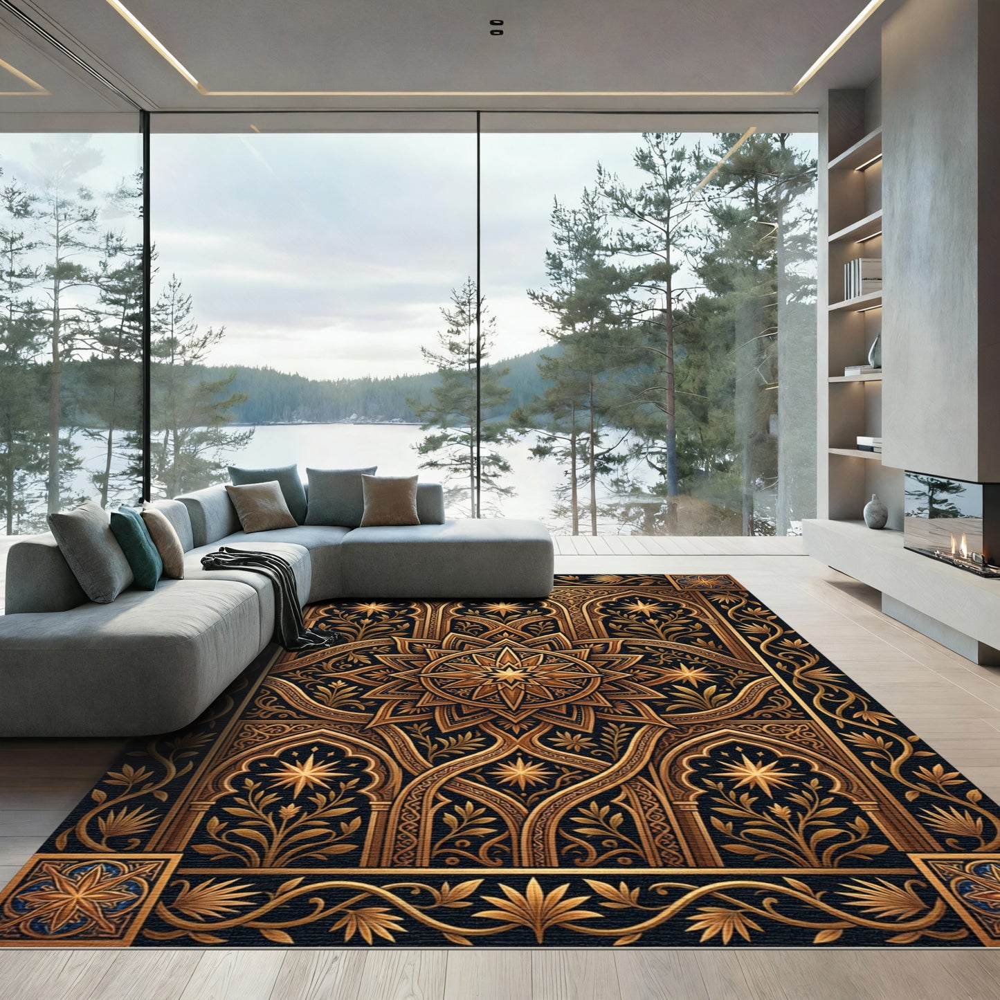 Golden Celestial Star Medallion Art Rug