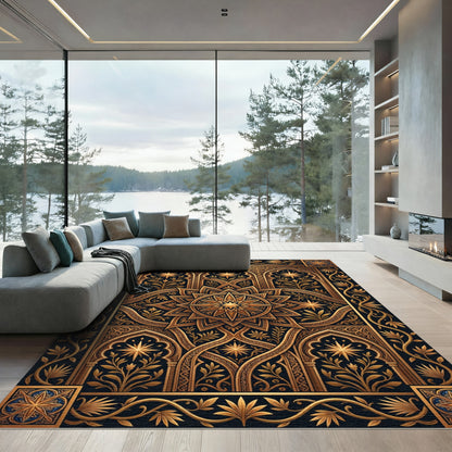 Golden Celestial Star Medallion Art Rug