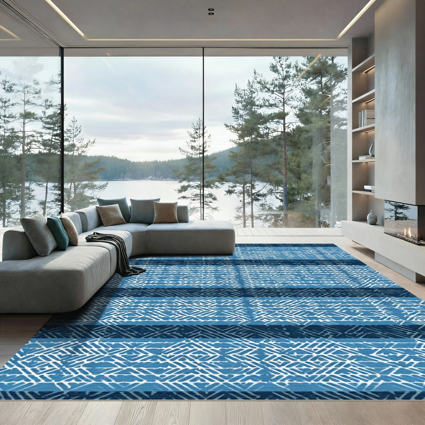 Indigo Abstract Stripe Grid Rug