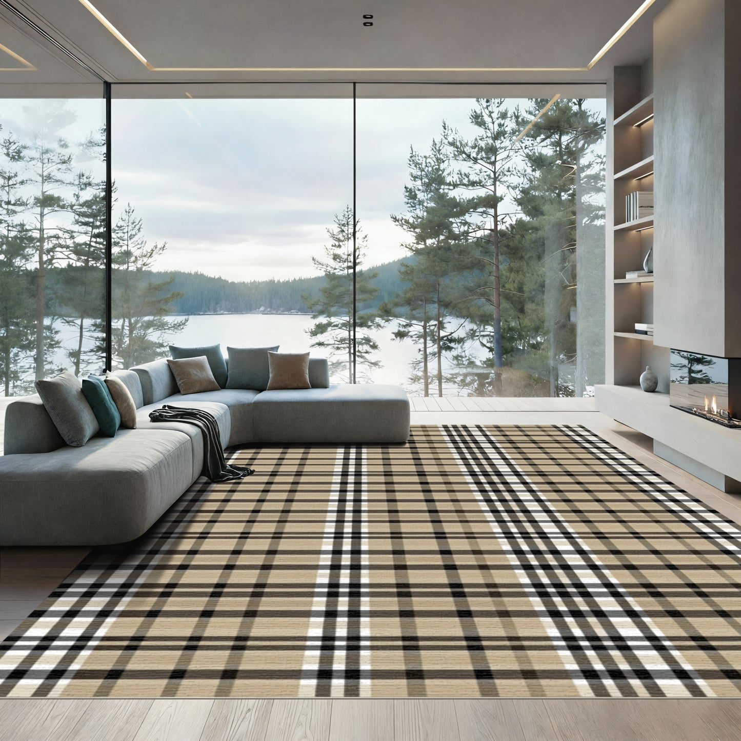 Classic Beige Black Plaid Weave Rug