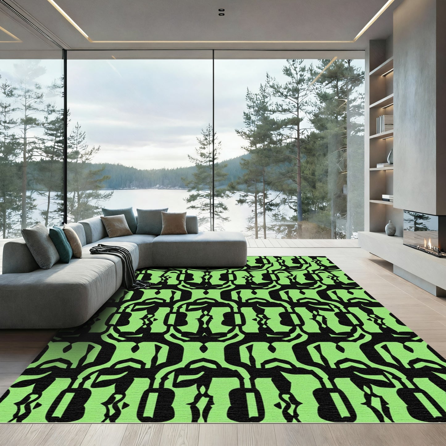 Bold Lime Green Abstract Faces Rug
