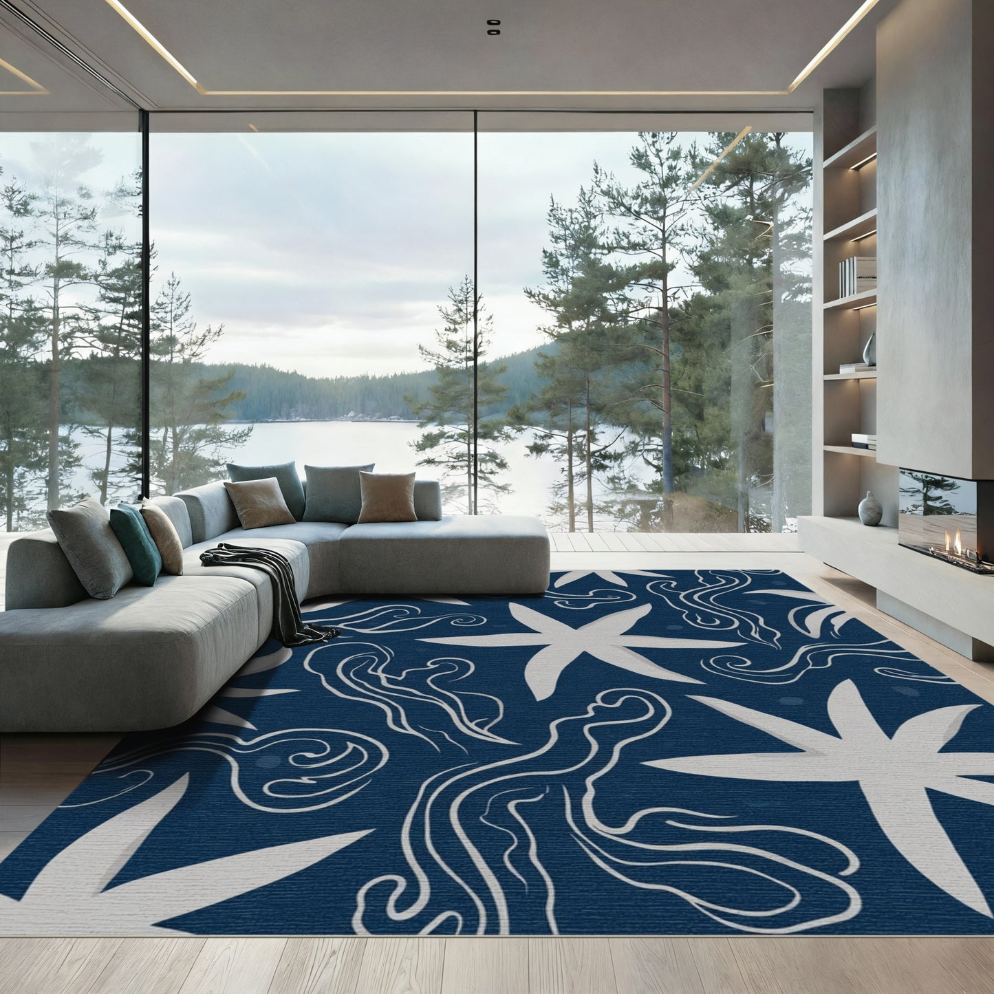 Navy White Starfish Swirls Rug
