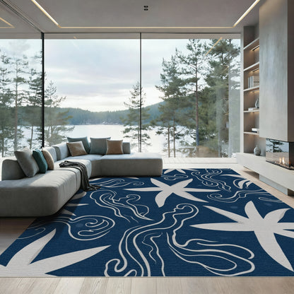 Navy White Starfish Swirls Rug