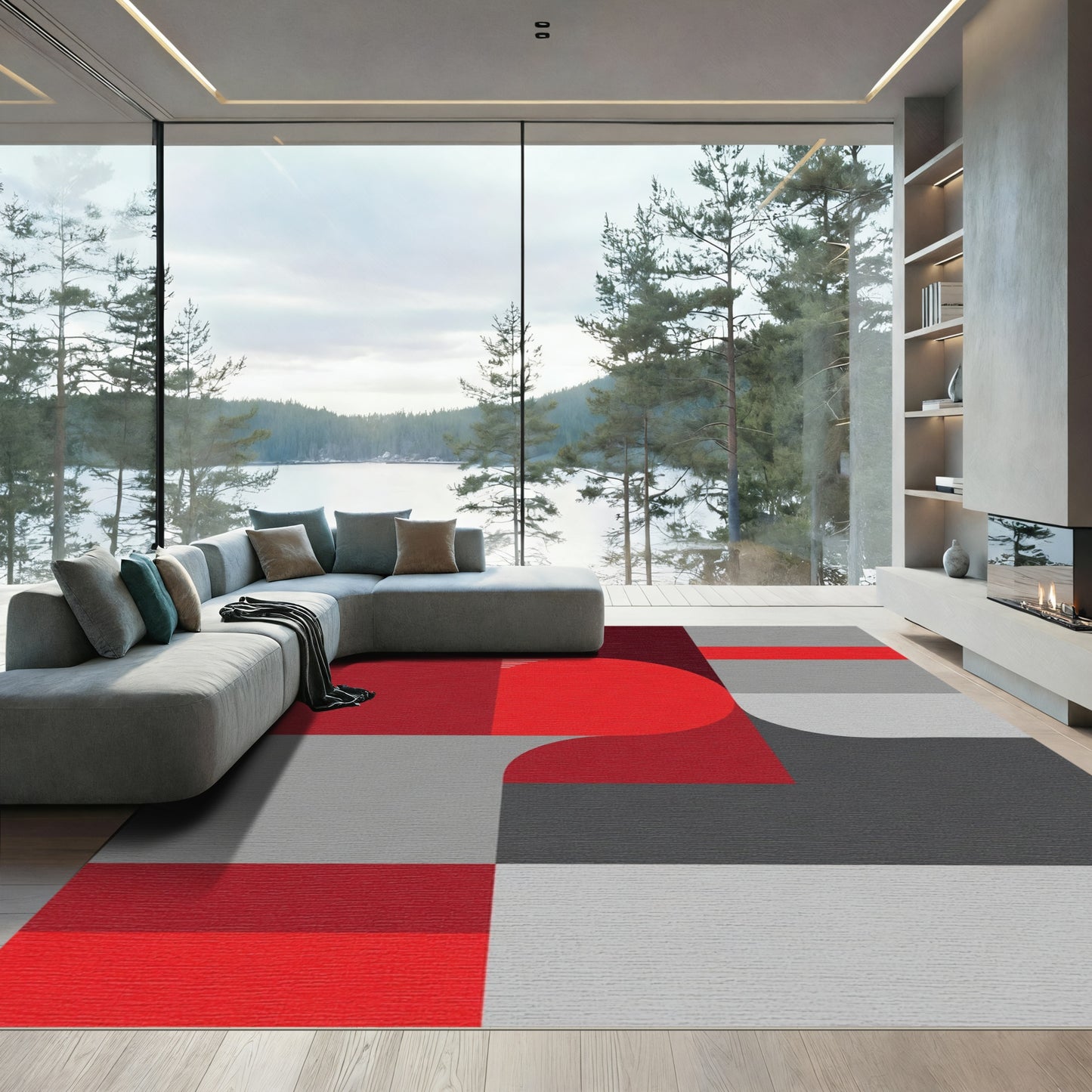 Crimson Red Gray Geometric Blocks Rug